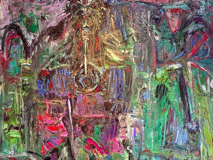 A large, richly textured abstract painting under a gallery spotlight.